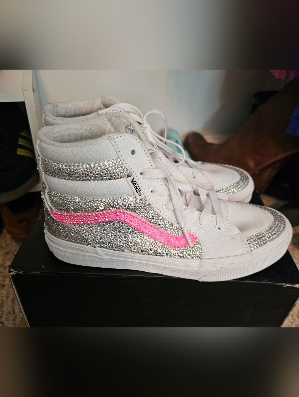 Vans Big Girl’s White High-Top Sneakers with Silver and Pink Rhinestones